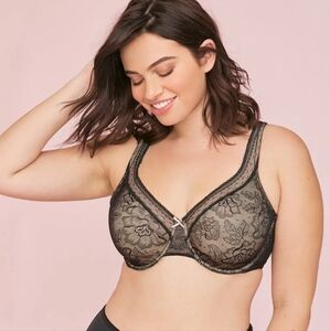 CACIQUE LANE BRYANT BLACK MODERN LACE UNLINED FULL COVERAGE BRA SIZE 42DD.